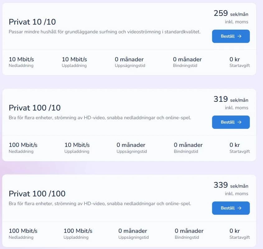 Inleeds fiber för privatpersoner: 10/10 för 259 kr, 100/10 för 319 kr och 100/100 för 339 kr per månad