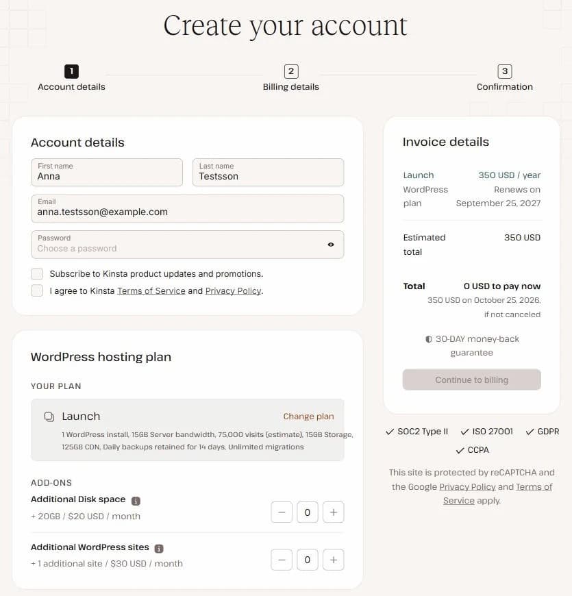 Kinstas kassa för Launch med 0 dollar att betala idag och 350 dollar den 25 oktober 2026