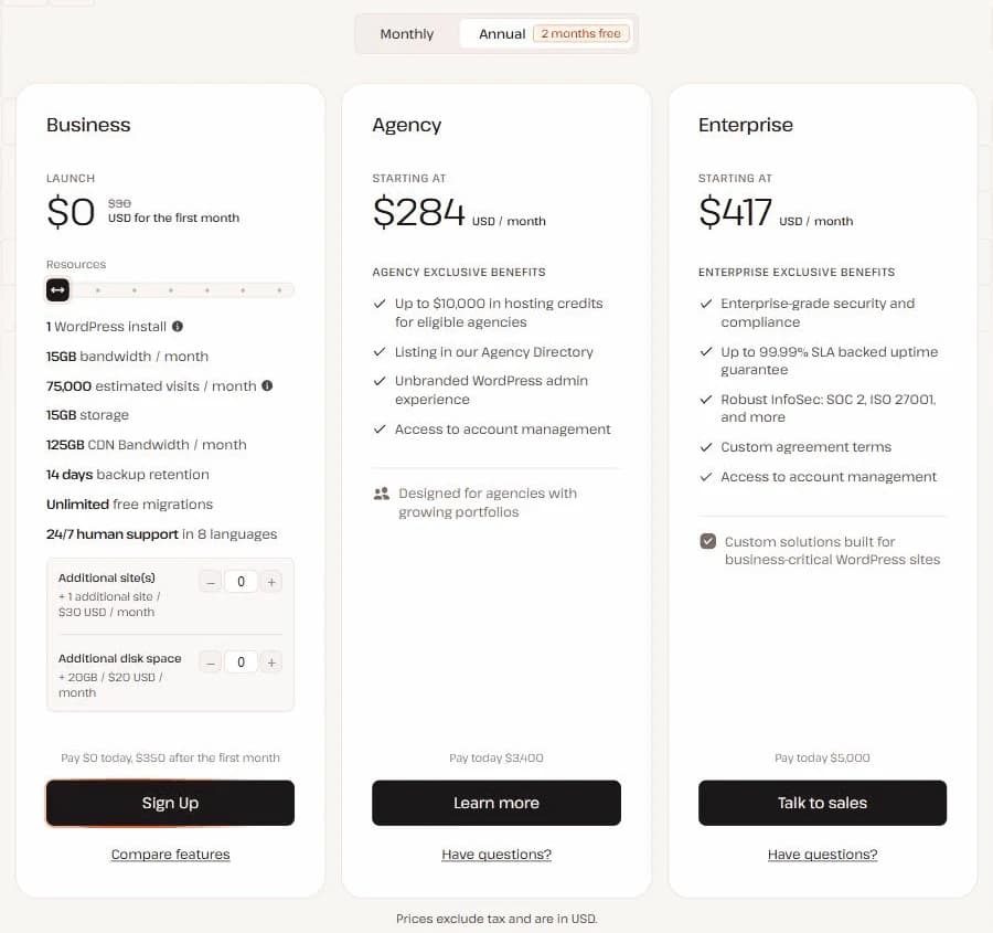 Kinstas prissida med planen Launch för 0 dollar första månaden, därefter 350 dollar per år