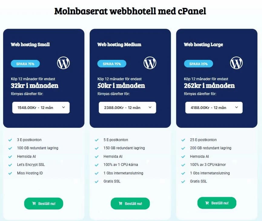 Miss Hostings webbhotell: Small 32 kr, Medium 50 kr och Large 262 kr per månad vid köp av 12 månader