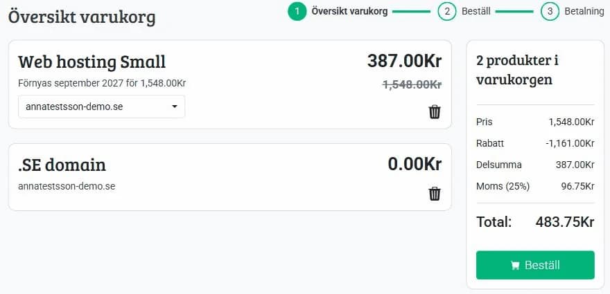 Miss Hostings varukorg med Web hosting Small och .se-domän, totalt 483,75 kr inkl. moms