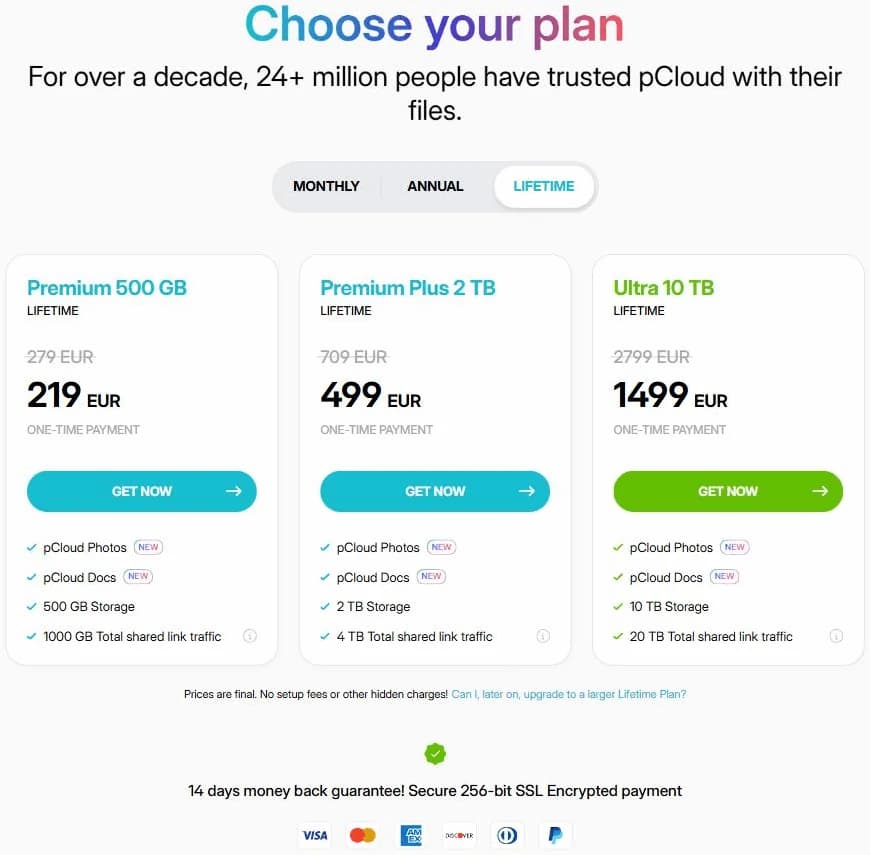 pClouds livstidspriser: 500 GB 219 euro, 2 TB 499 euro och 10 TB 1 499 euro som engångsbetalning