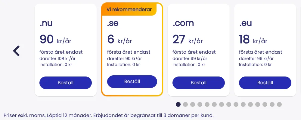 Stratos domänpriser första året: .nu 90 kr, .se 6 kr, .com 27 kr och .eu 18 kr per år exkl. moms