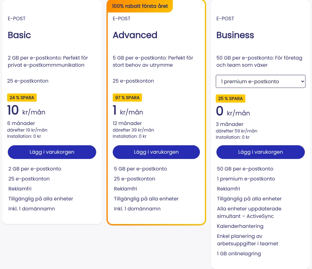 Stratos e-postpaket: Basic 10 kr, Advanced 1 kr och Business 0 kr per månad exkl. moms under kampanjtiden