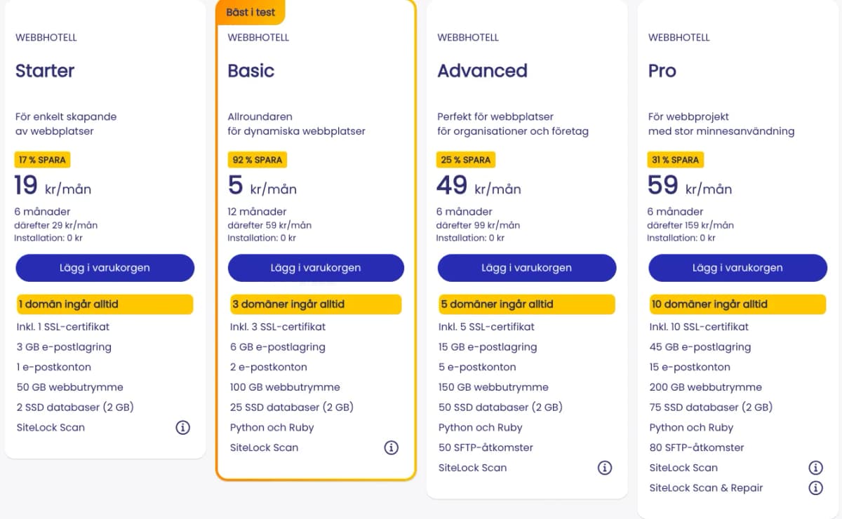 Stratos webbhotell med tolv månaders avtal: Starter 19 kr, Basic 5 kr, Advanced 49 kr och Pro 59 kr per månad exkl. moms under kampanjtiden