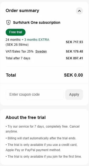 Surfsharks orderöversikt för One i 27 månader, 897,41 kr inkl. moms efter 7 dagars gratis provperiod