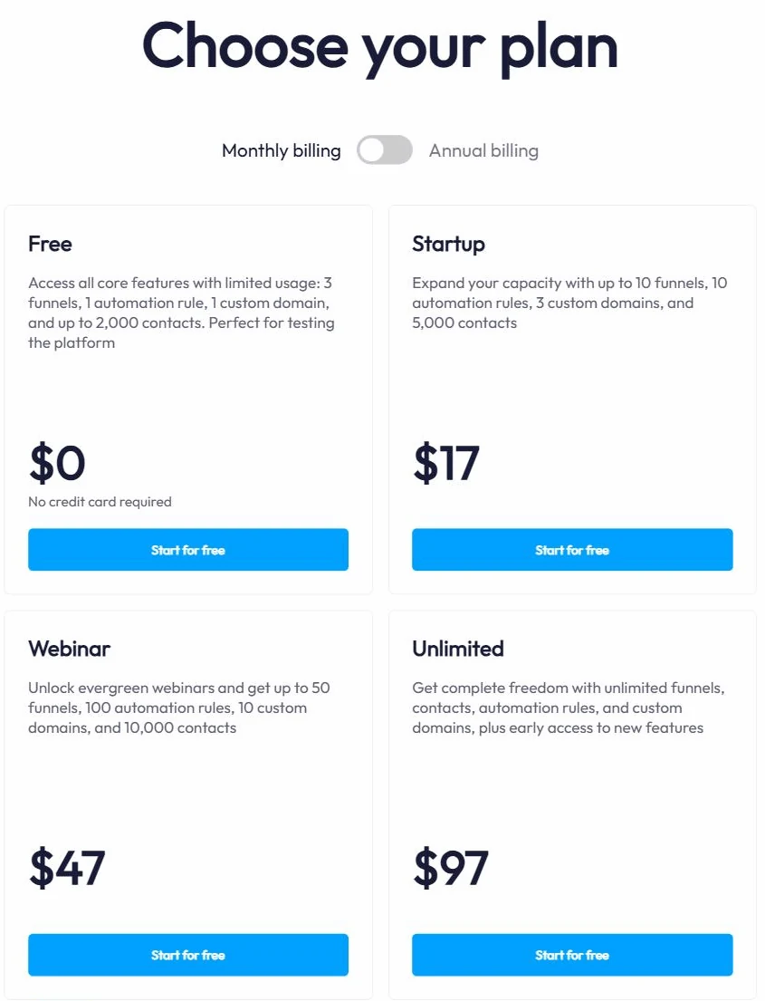 Systeme.io månadspriser: Free 0, Startup 17, Webinar 47 och Unlimited 97 dollar