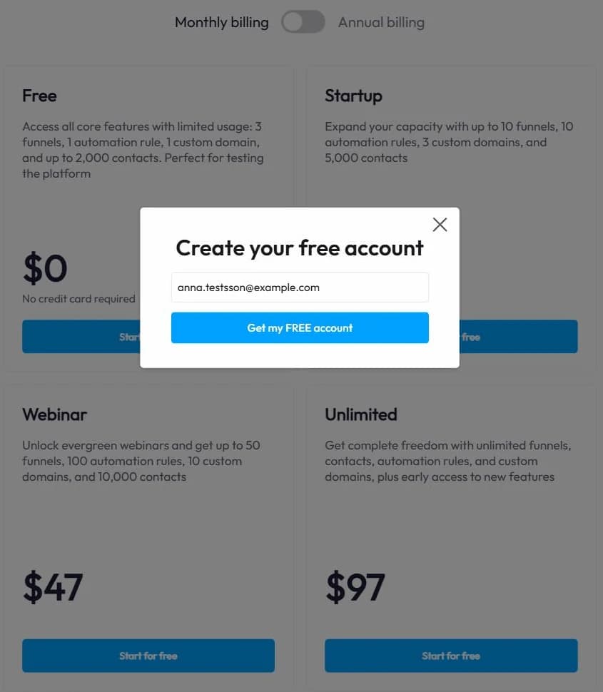 Systeme.io ber om en e-postadress för att skapa ett gratiskonto när man väljer en plan