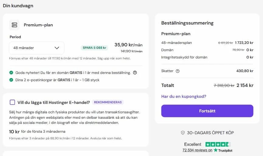 Hostingers varukorg för Premium på 48 månader, totalt 2 154 kr inkl. moms att betala direkt