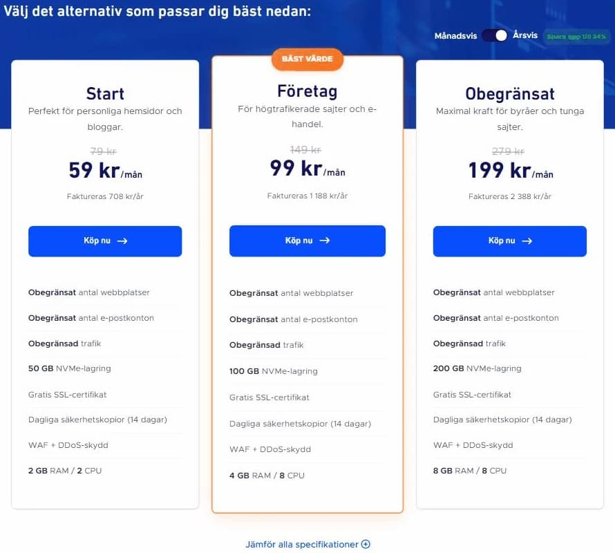Hostups webbhotell vid årsbetalning: Start 59 kr, Företag 99 kr och Obegränsat 199 kr per månad exkl. moms
