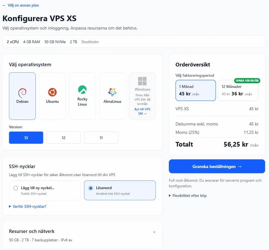 Hostups konfigurering av VPS XS, 56,25 kr/mån inkl. moms vid månadsbetalning