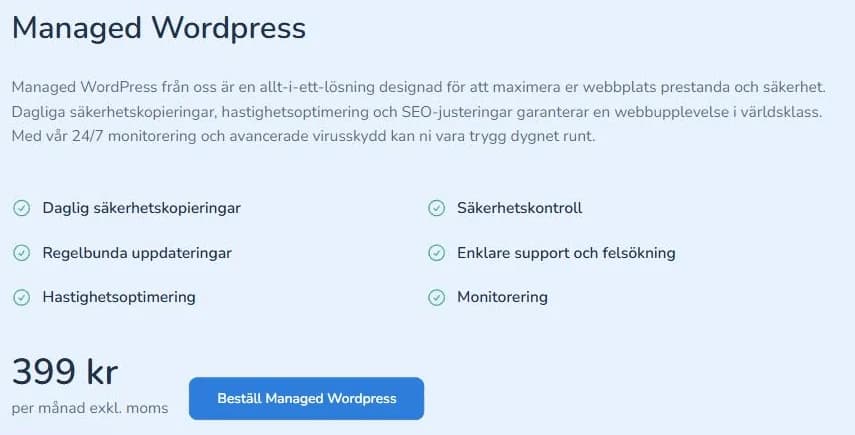Inleeds Managed WordPress för 399 kr per månad exkl. moms med dagliga säkerhetskopior och uppdateringar