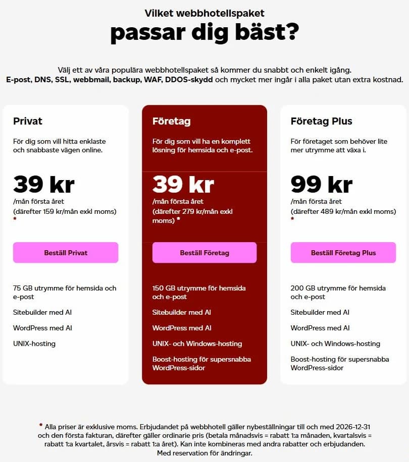 Loopias webbhotellspaket: Privat och Företag 39 kr, Företag Plus 99 kr per månad första året exkl. moms