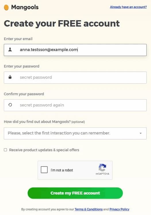 Mangools registreringsformulär med e-post och lösenord, som visas när man klickar Subscribe now
