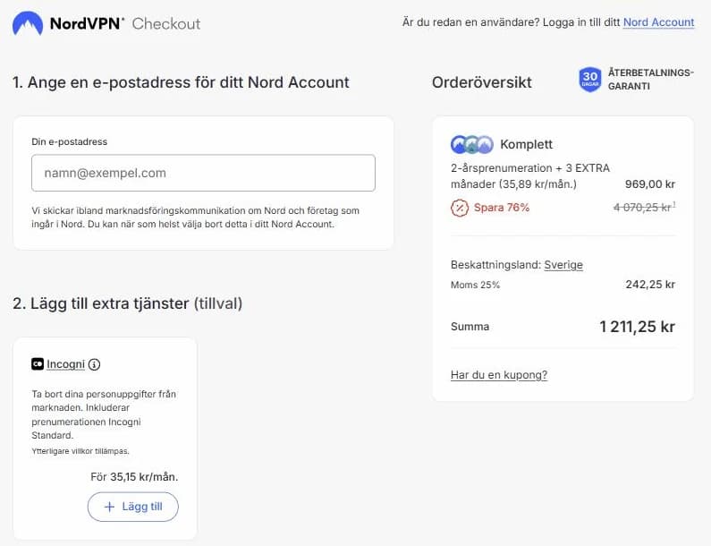 NordVPNs kassa för Komplett, 1 211,25 kr inkl. moms för 27 månader