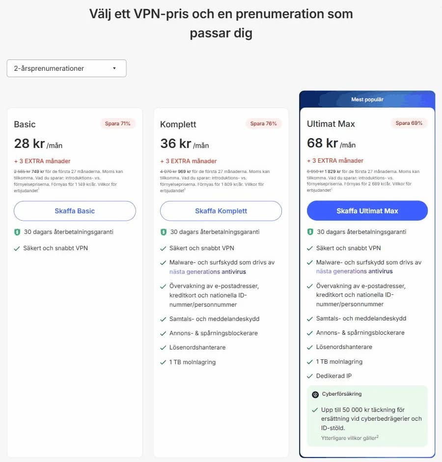NordVPNs priser för tvåårsabonnemang: Basic 28 kr, Komplett 36 kr och Ultimat Max 68 kr per månad