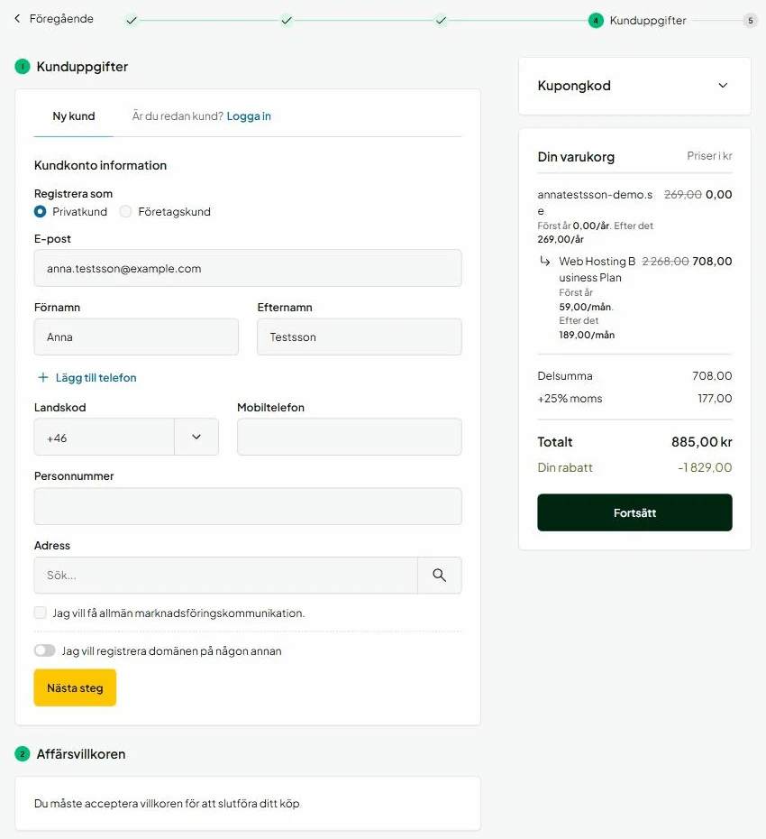 One.coms kassa, steg Kunduppgifter, där privatkunder behöver ange personnummer