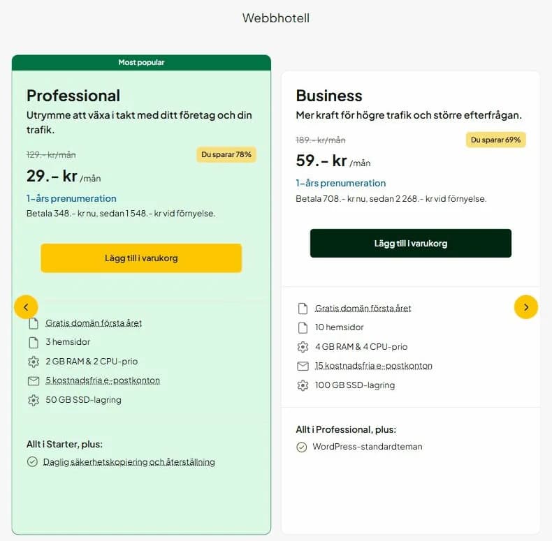 One.com Business 59 kr/mån exkl. moms första året, därefter 189 kr/mån
