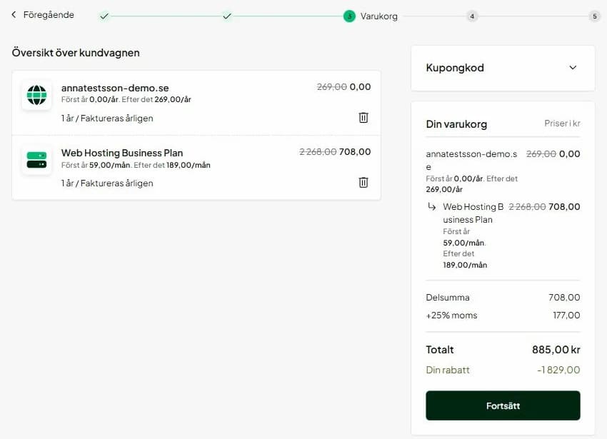 One.coms varukorg med Business och .se-domän, totalt 885 kr inkl. moms första året