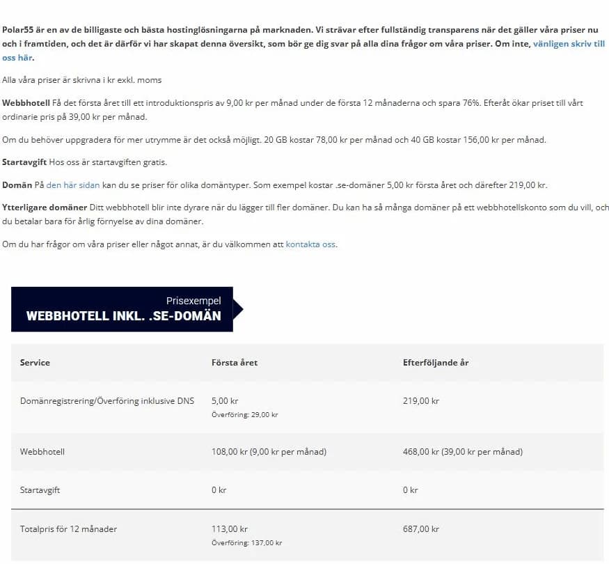 Polar55s prissida: webbhotell 9 kr per månad första året, därefter 39 kr, och .se-domän 5 kr första året