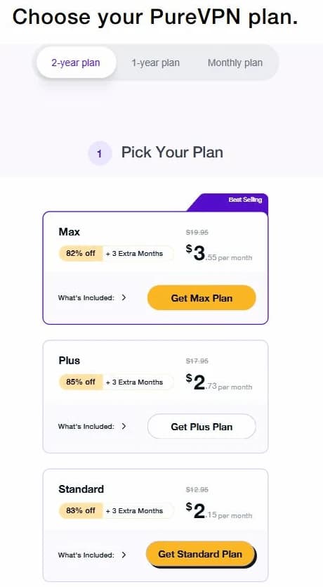 PureVPNs tvåårsplaner: Max 3,55, Plus 2,73 och Standard 2,15 dollar per månad