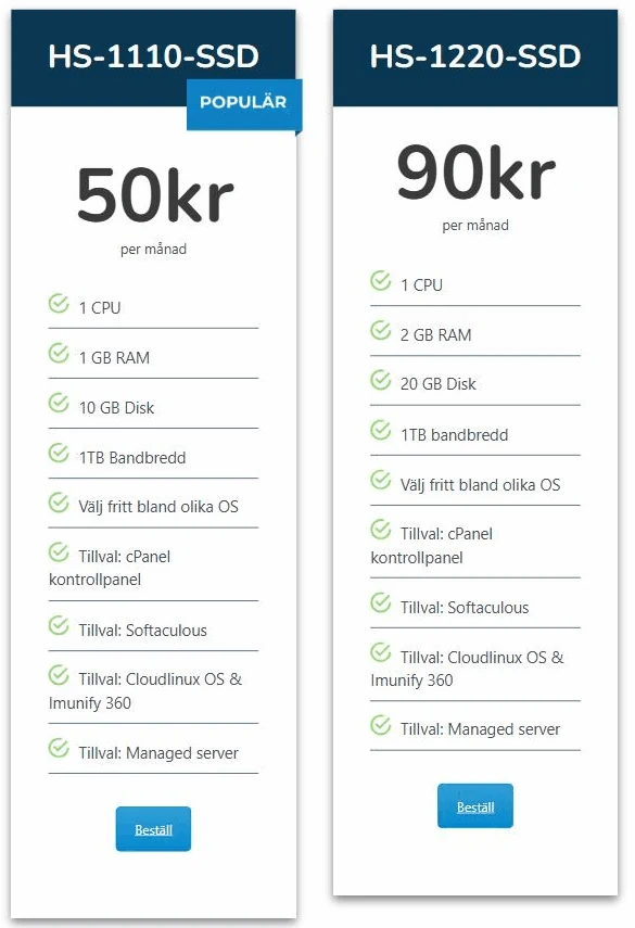 Wopsas VPS-planer HS-1110-SSD 50 kr och HS-1220-SSD 90 kr per månad exkl. moms