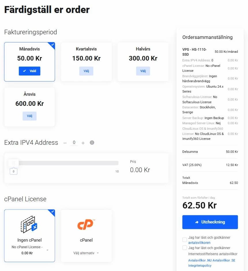 Wopsas ordersida för VPS HS-1110-SSD, 62,50 kr inkl. moms per månad