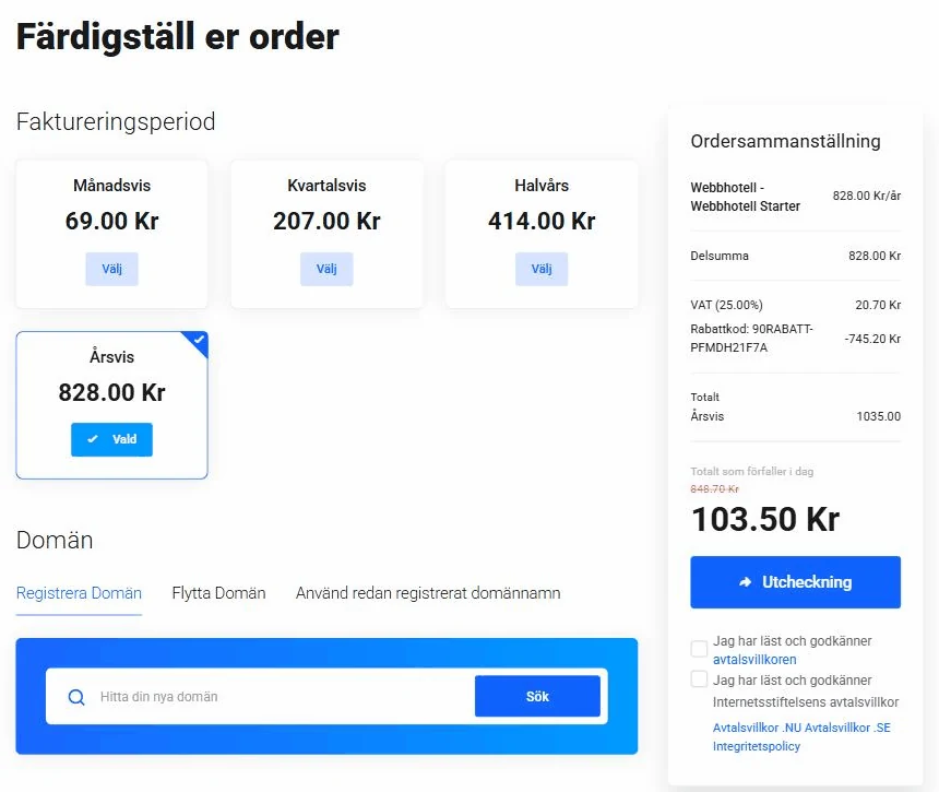 Wopsas kassa för Webbhotell Starter med årsbetalning, 103,50 kr inkl. moms att betala första året